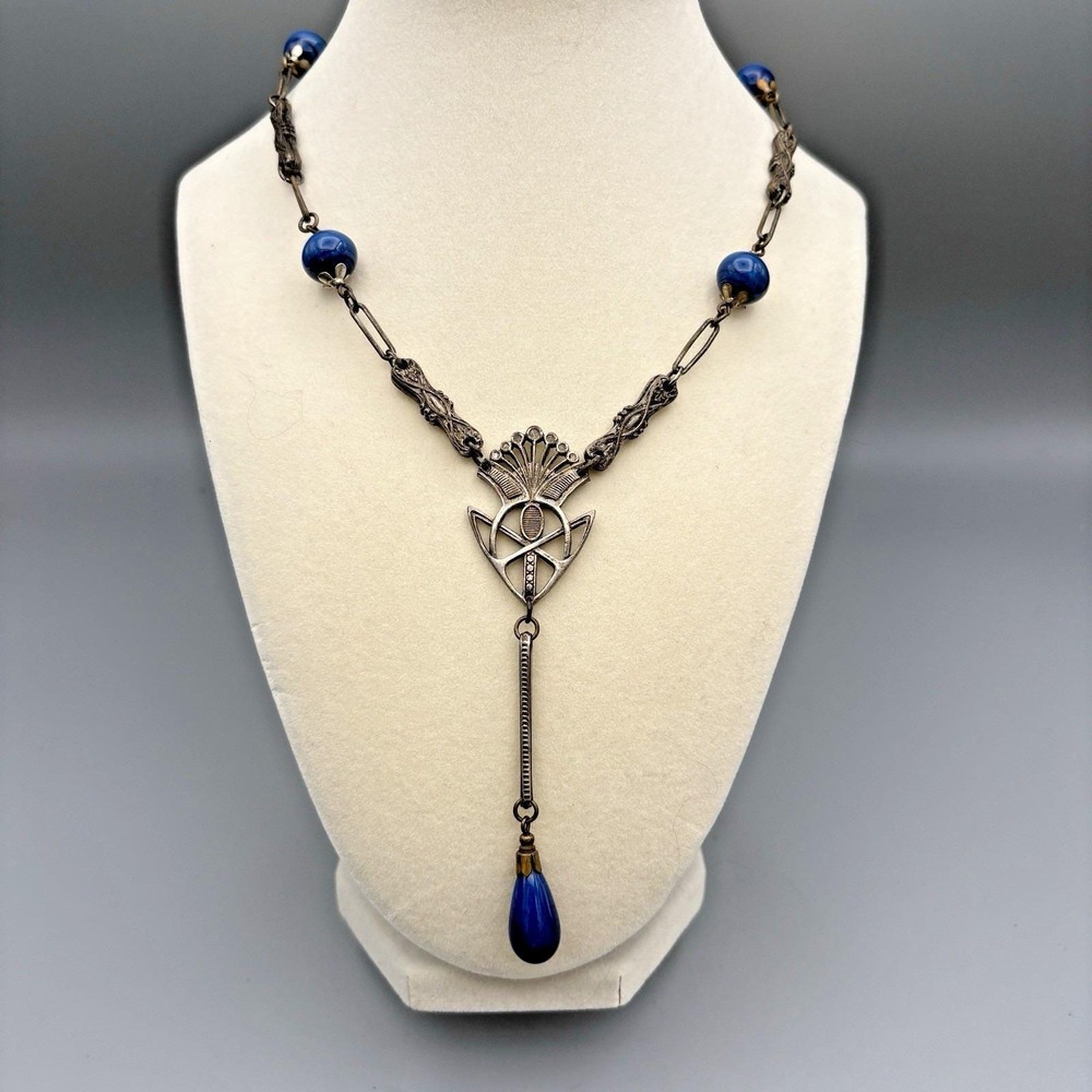 Antique Art Deco Necklace Blue Czech Glass Silver Tone Filigree Y Chandelier